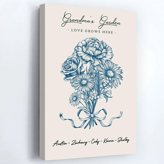 Personalized Vintage Floral Grandma Garden Poster / Canvas - Custom Birth Month Flowers Bouquet Grandkids Names