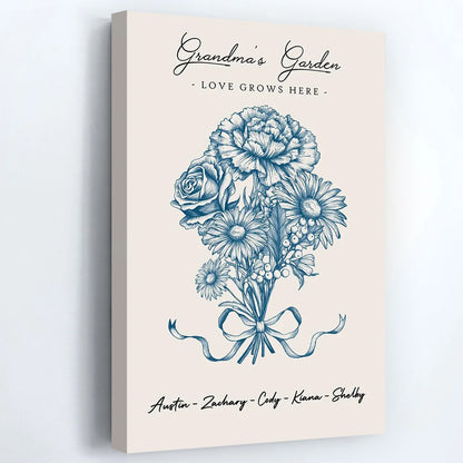 Personalized Vintage Floral Grandma Garden Poster / Canvas - Custom Birth Month Flowers Bouquet Grandkids Names