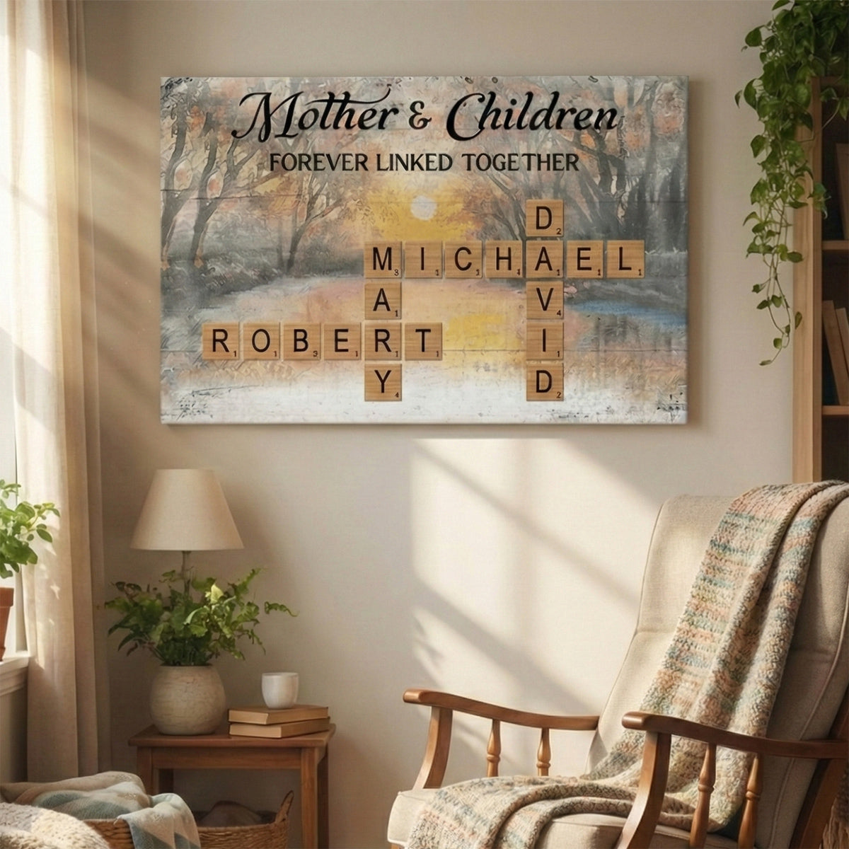 Mother & Daughters Sons Forever Linked Together - Personalized Crossword Puzzle Art Poster / Canvas