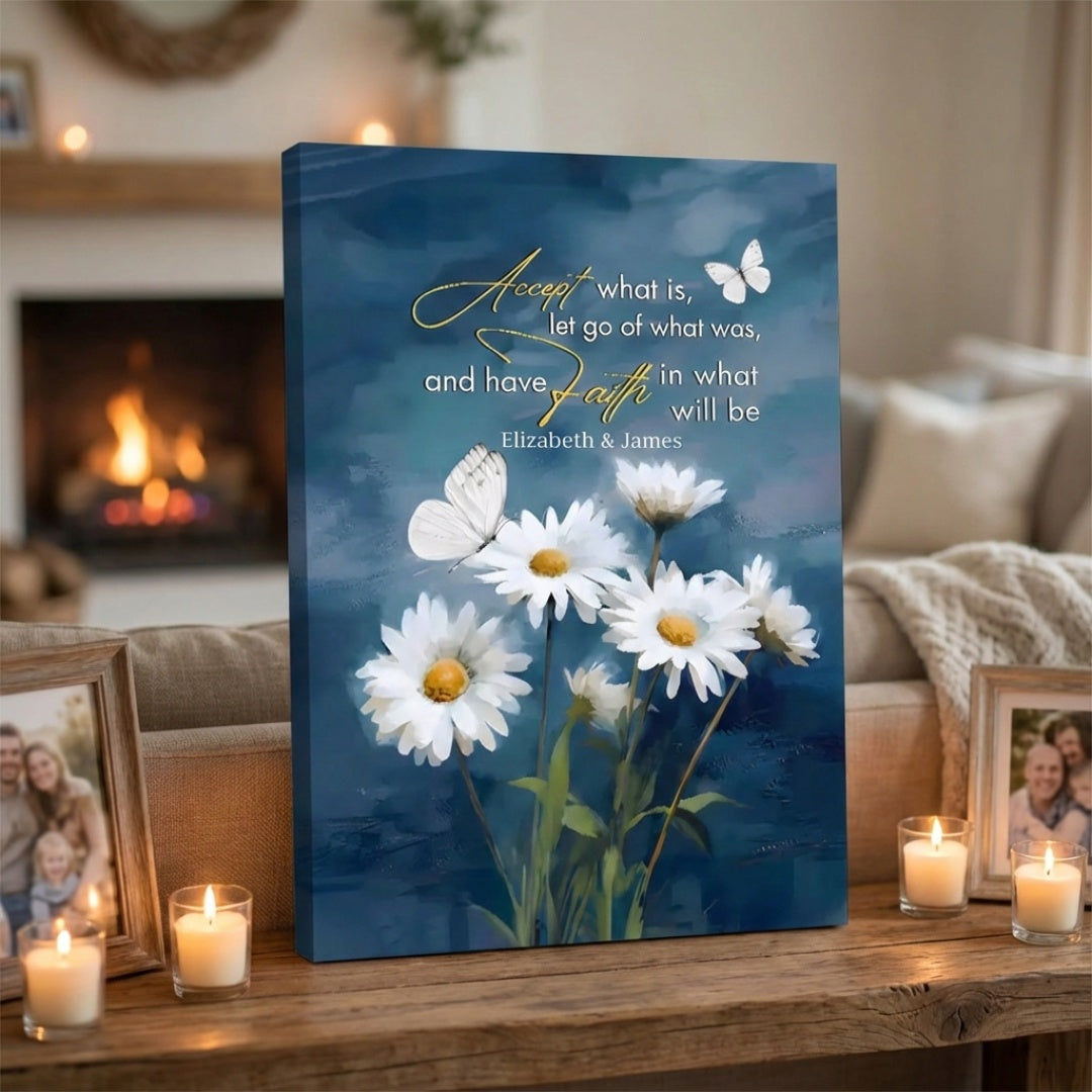 Accept What is Let Go of What Was - Personalized Daisies and Butterflies Christian Wall Art Canvas / Poster