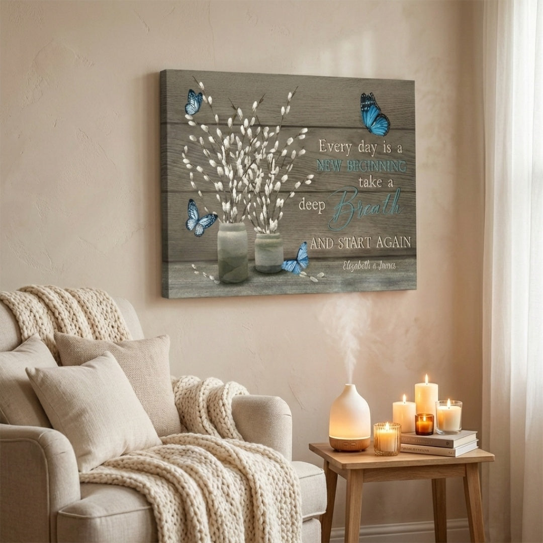 Every Day Is A New Beginning - Personalized Butterfly Flower Christian Wall Art Canvas / Poster