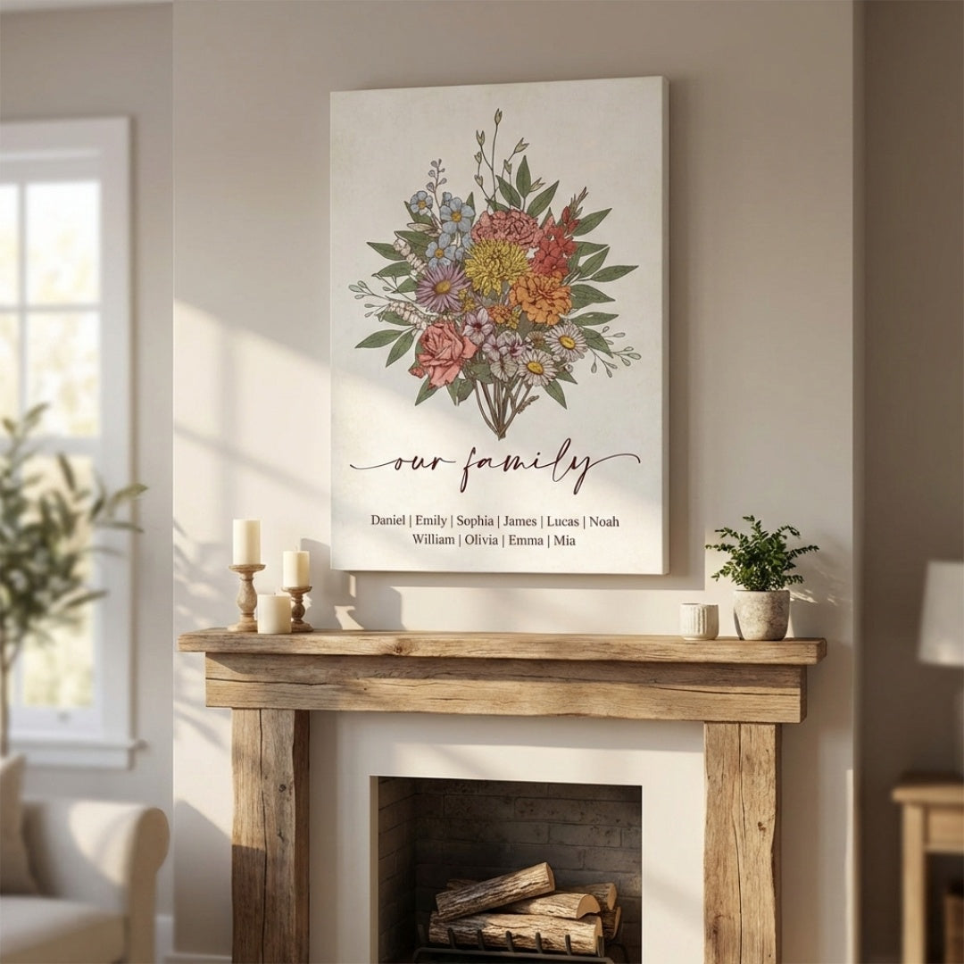 Personalized Vintage Floral Poster / Canvas - Custom Family Gift for Mom & Grandma