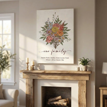Personalized Vintage Floral Poster / Canvas - Custom Family Gift for Mom & Grandma