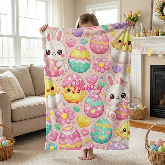 Cute Cartoon Bunny & Egg Patterns - Personalized Kids Easter Blanket