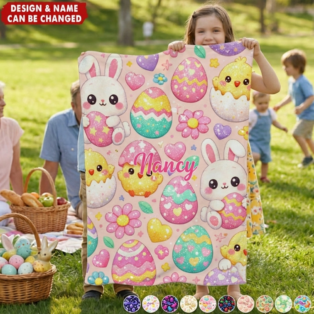 Cute Cartoon Bunny & Egg Patterns - Personalized Kids Easter Blanket