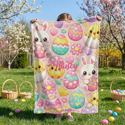 Cute Cartoon Bunny & Egg Patterns - Personalized Kids Easter Blanket