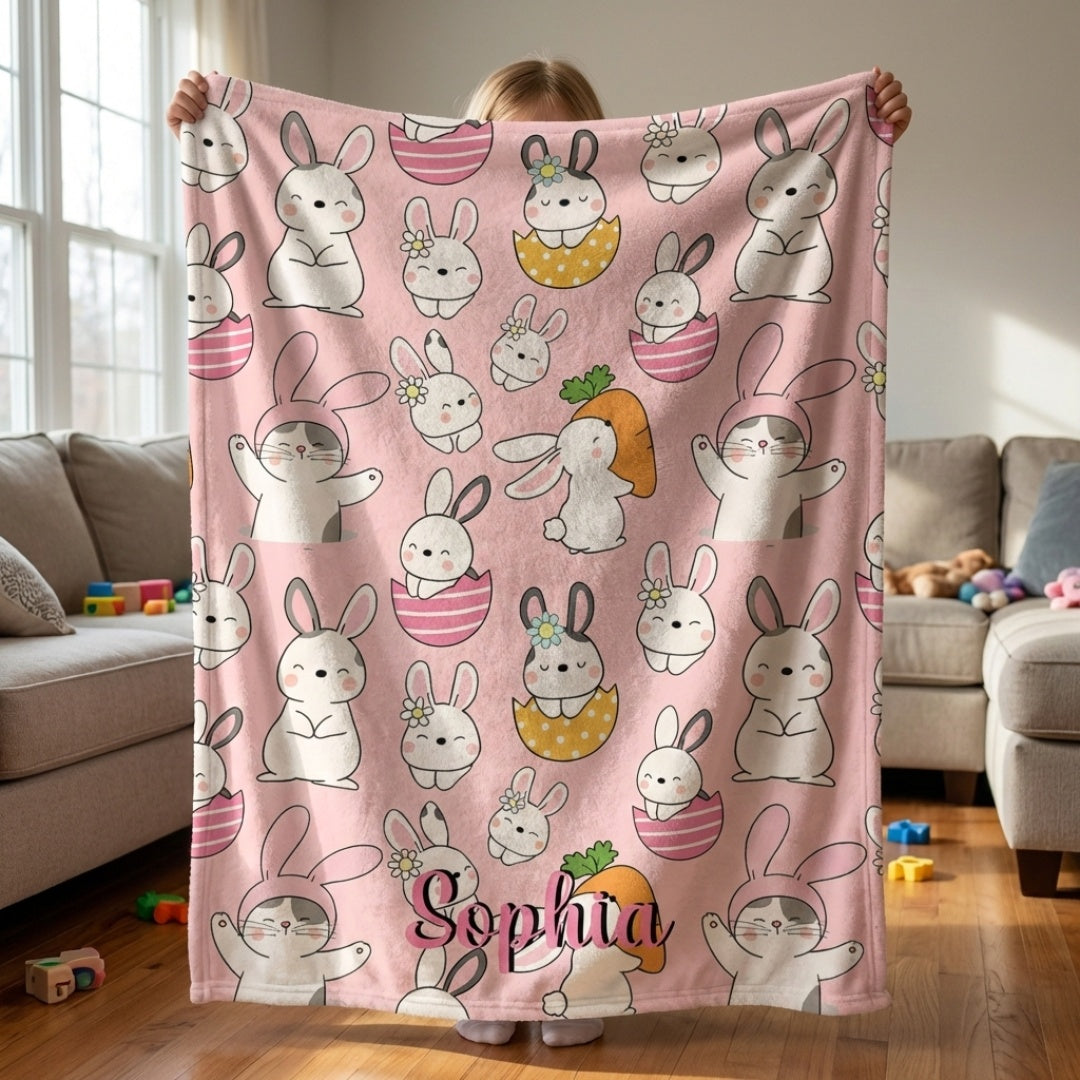 Cute Bunnies, Warm Memories - Personalized Bunny Print Easter Kids Blanket
