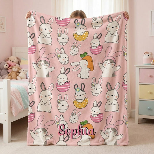 Cute Bunnies, Warm Memories - Personalized Bunny Print Easter Kids Blanket