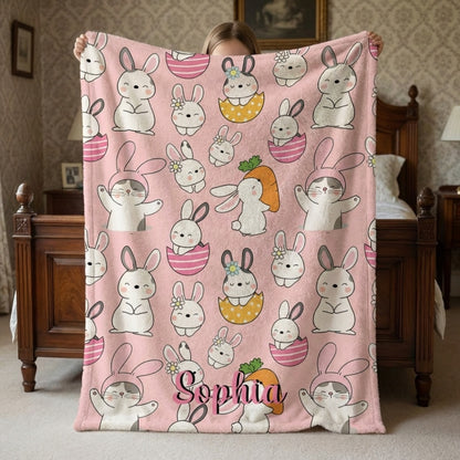 Cute Bunnies, Warm Memories - Personalized Bunny Print Easter Kids Blanket