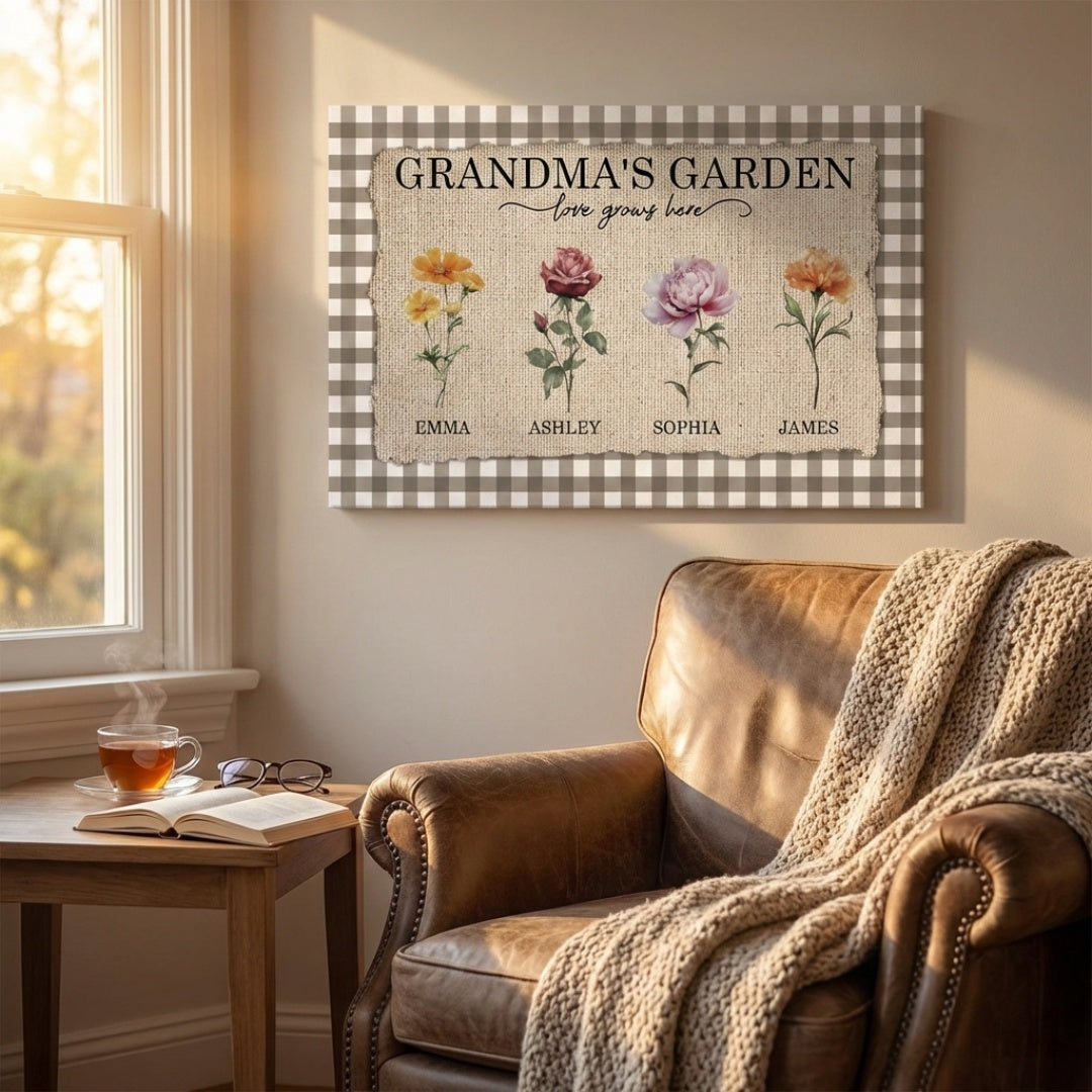 Grandma's Garden - Personalized Gingham Pattern Birth Month Flowers Poster / Canvas
