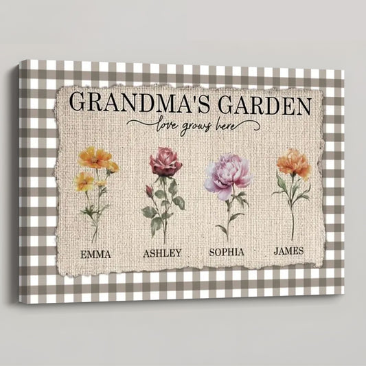 Grandma's Garden - Personalized Gingham Pattern Birth Month Flowers Poster / Canvas