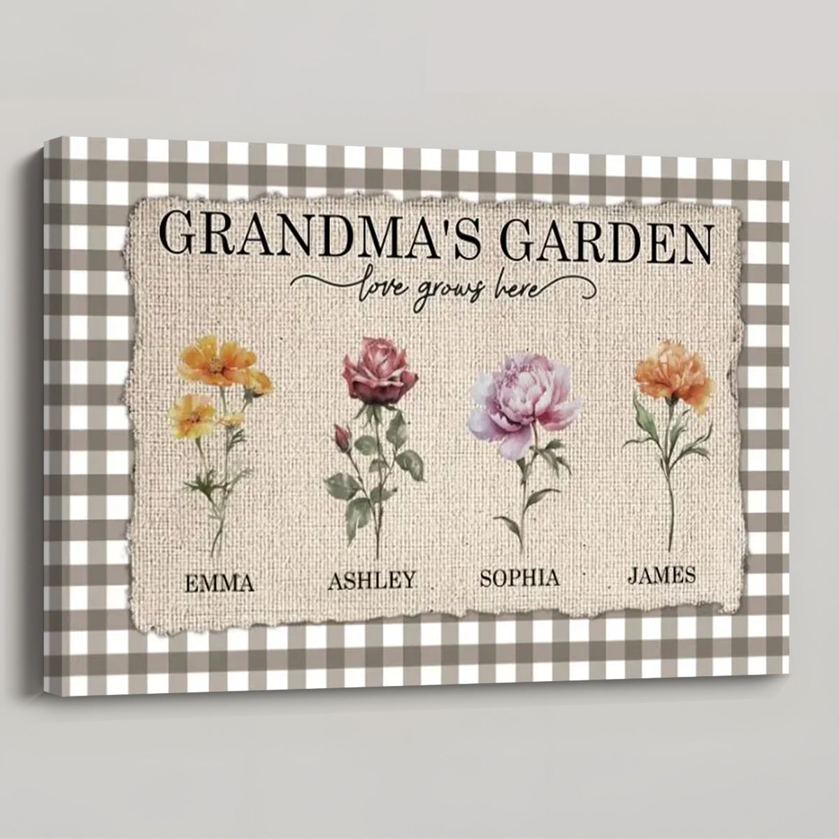 Grandma's Garden - Personalized Gingham Pattern Birth Month Flowers Poster / Canvas