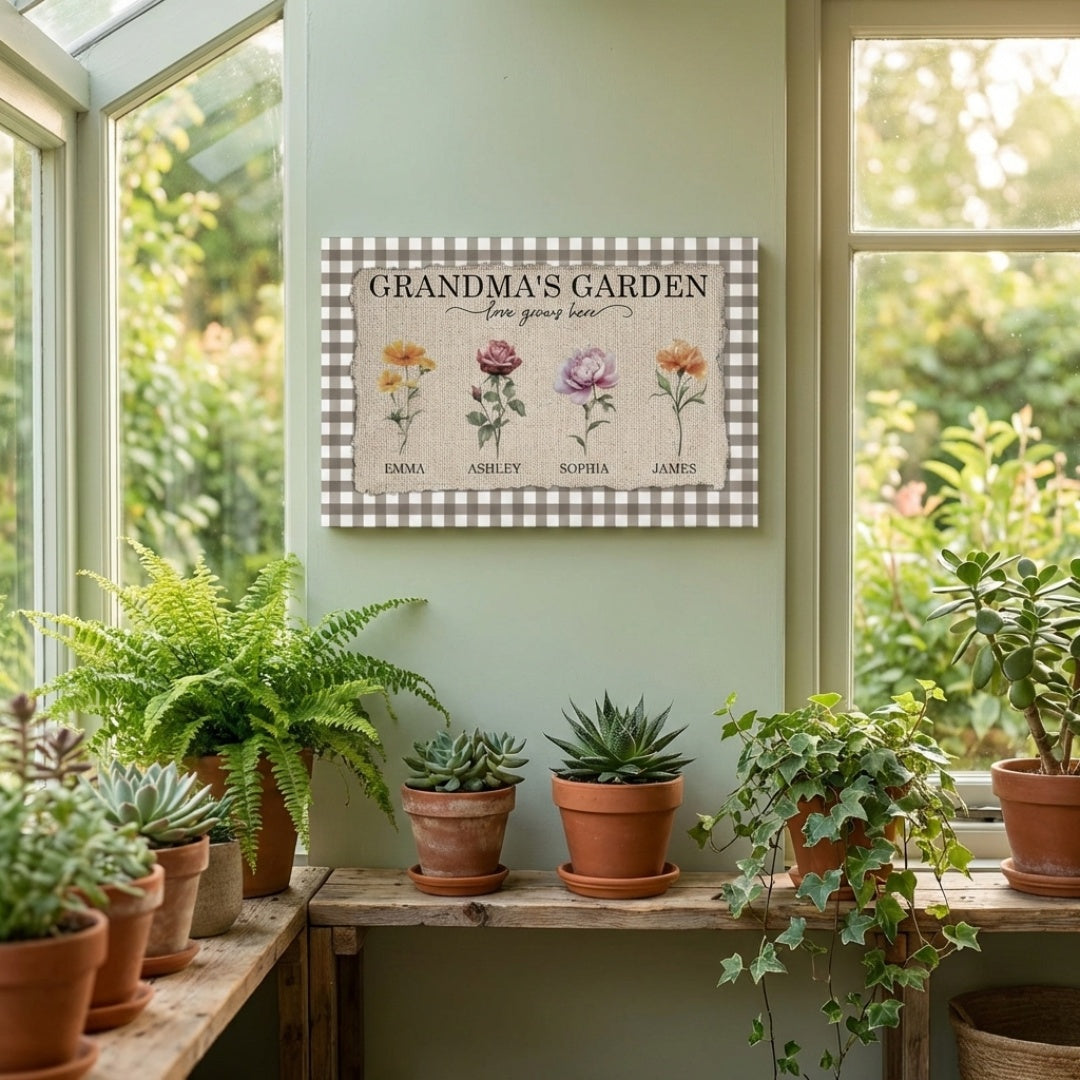 Grandma's Garden - Personalized Gingham Pattern Birth Month Flowers Poster / Canvas