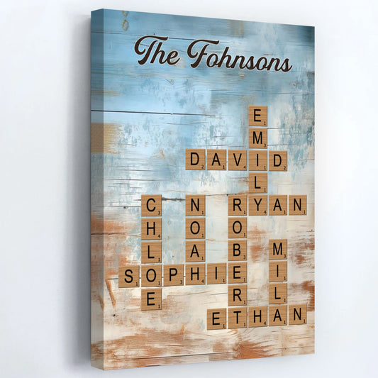Family Crossword Puzzle Blue Rustic Wood Palette - Personalized Wall Art Home Decor Poster  / Canvas
