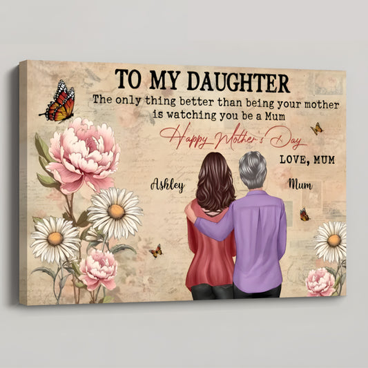 To My Daughter From Mum - Personalised Vintage Newspaper Birth Month Flower Poster / Canvas