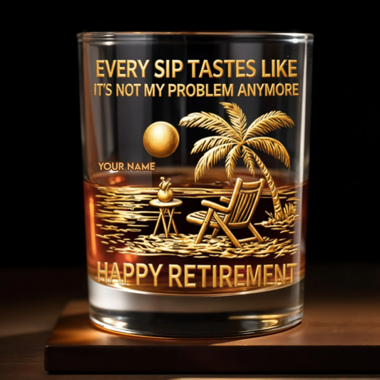 Every Sip Tastes Like Happy Retirement - Palm Trees, Beach Chair & Sun Design Scene - Personalized Custom Whiskey Glass