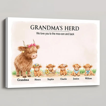 Personalized Highland Cow Family Poster / Canvas - Custom “Grandma and Grandpa’s Herd” Wall Art