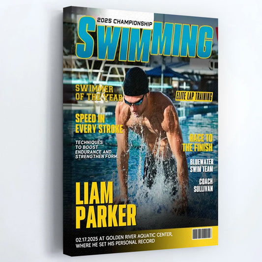 Personalized Swimming Magazine Cover Poster / Canvas - Custom Gift for Swimmers & Teams