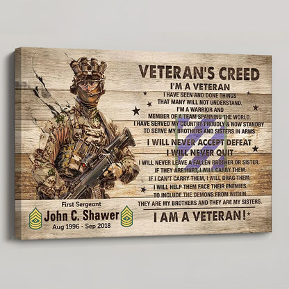 “Veteran’s Creed” Personalized Canvas / Poster - Custom Military Wall Art Gift for Veterans