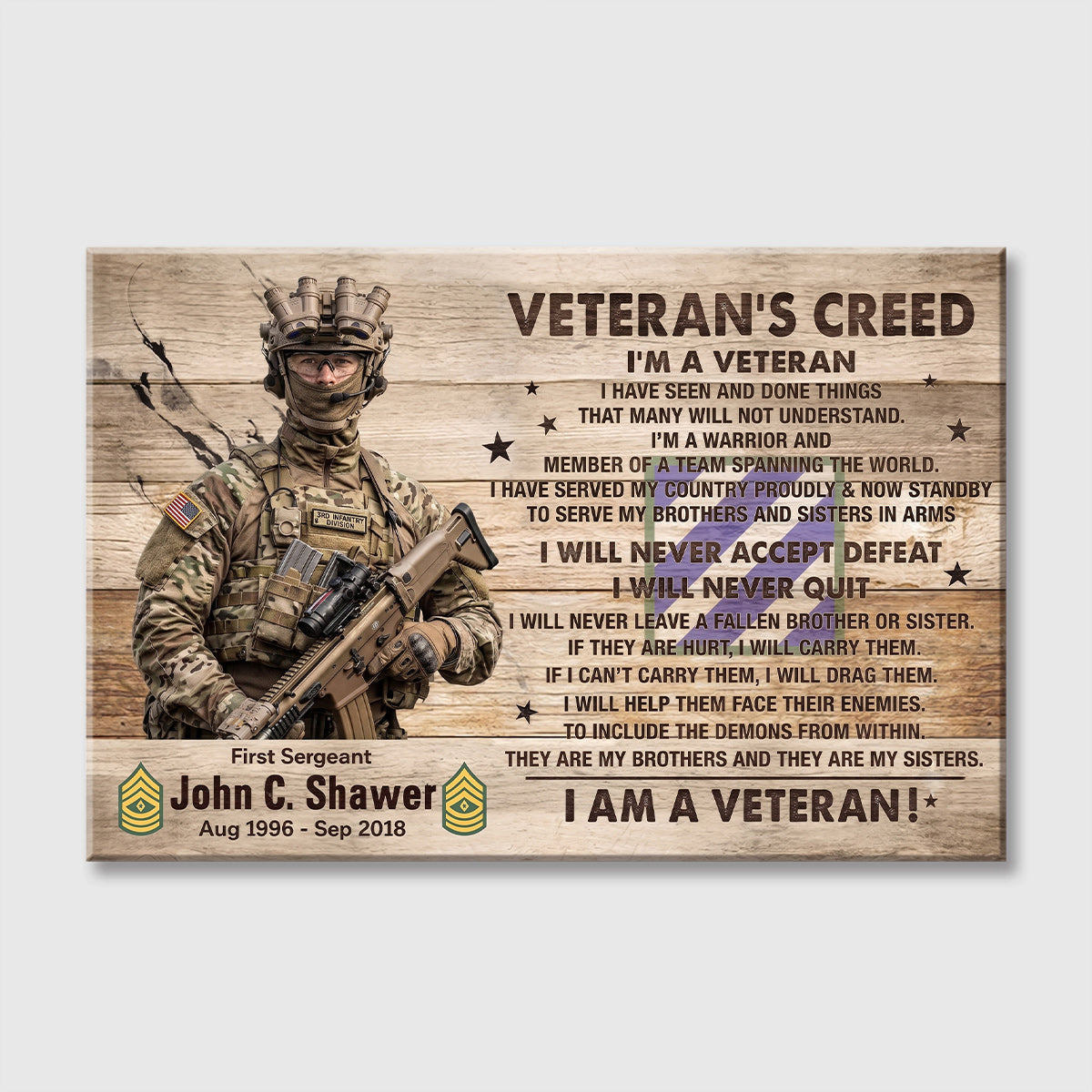 “Veteran’s Creed” Personalized Canvas / Poster - Custom Military Wall Art Gift for Veterans