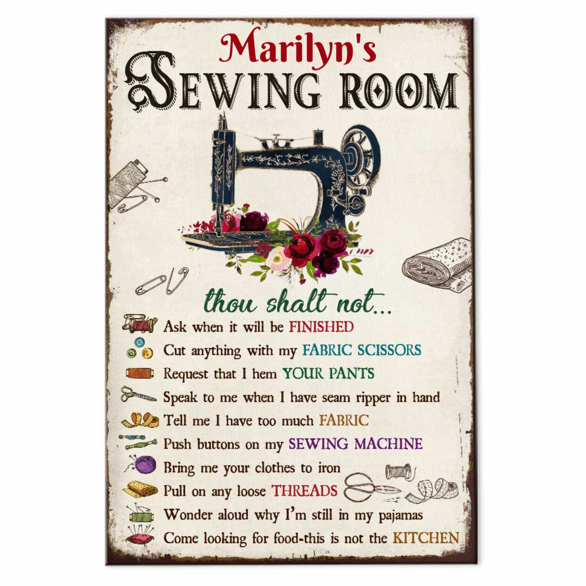 Personalized Sewing Room Rules Poster / Canvas - Custom Sewing Wall Decor