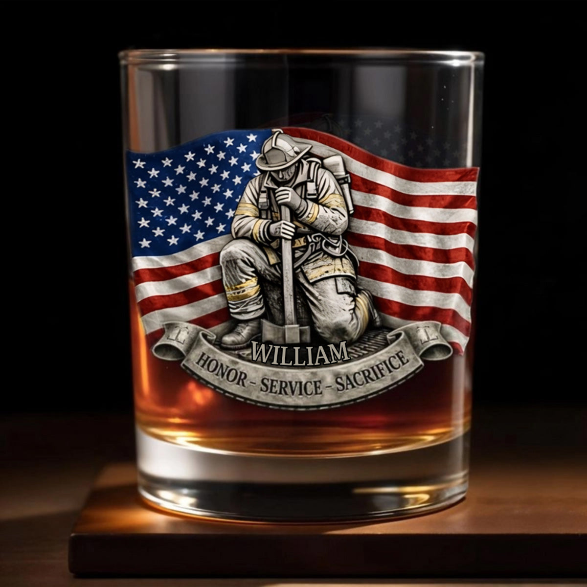 “Honor, Service, Sacrifice” Firefighter with American Flag & Axe - Personalized Whiskey Glass