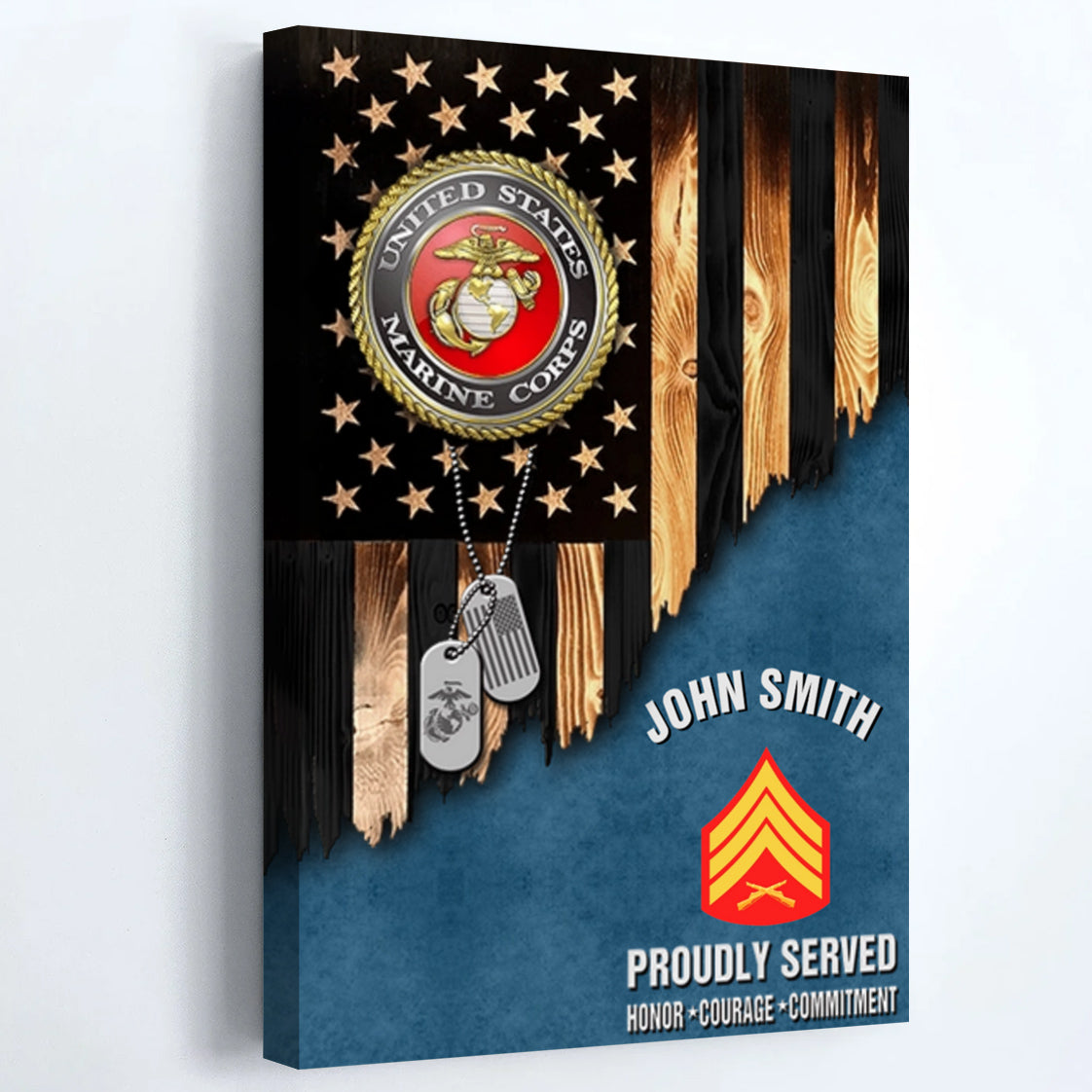 Personalized Veteran Rustic American Flag Canvas / Poster - Custom Name & Rank Gift for Military Veterans