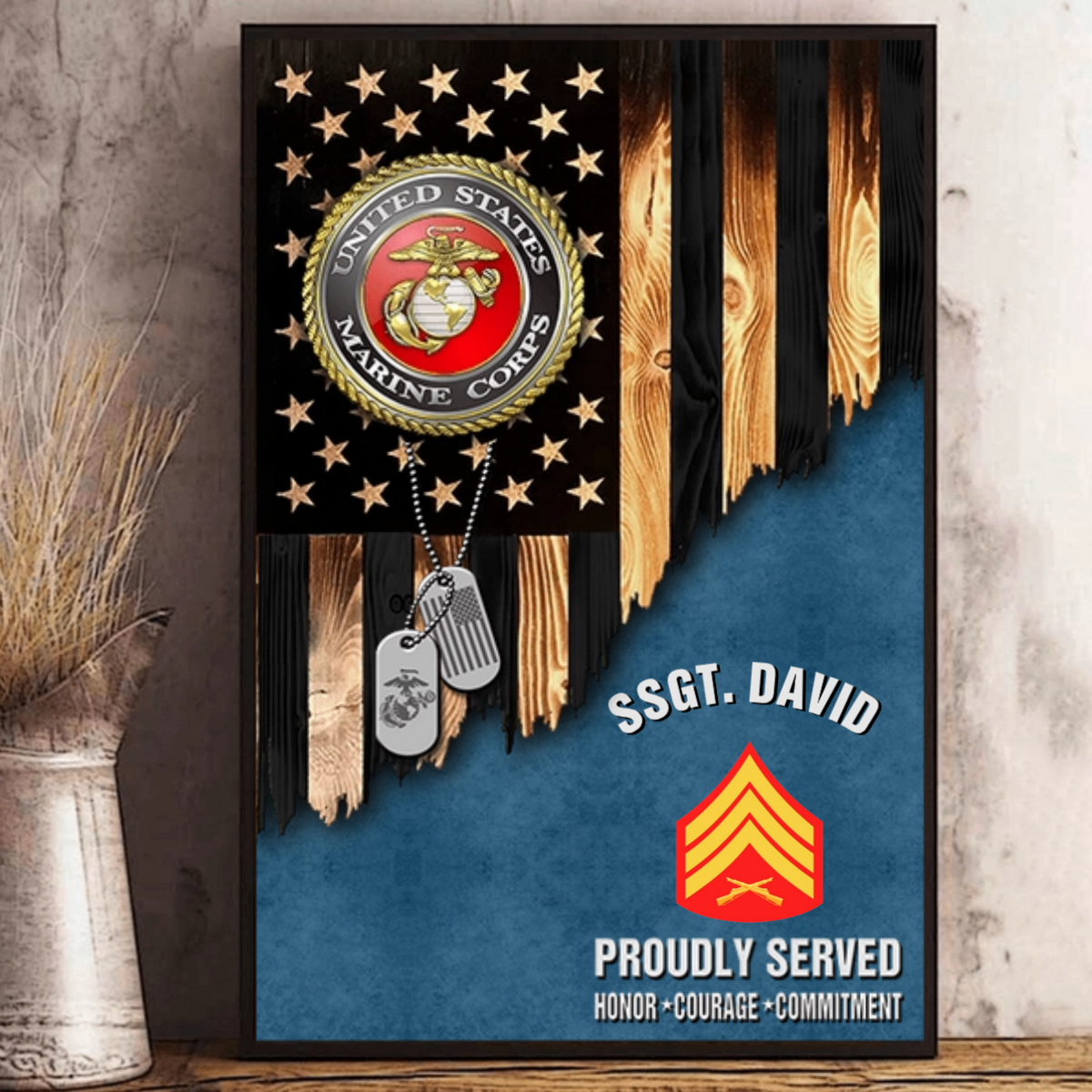 Personalized Veteran Rustic American Flag Canvas / Poster - Custom Name & Rank Gift for Military Veterans