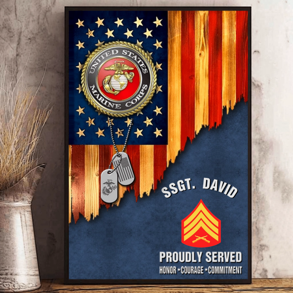 Personalized Veteran Rustic American Flag Canvas / Poster - Custom Name & Rank Gift for Military Veterans