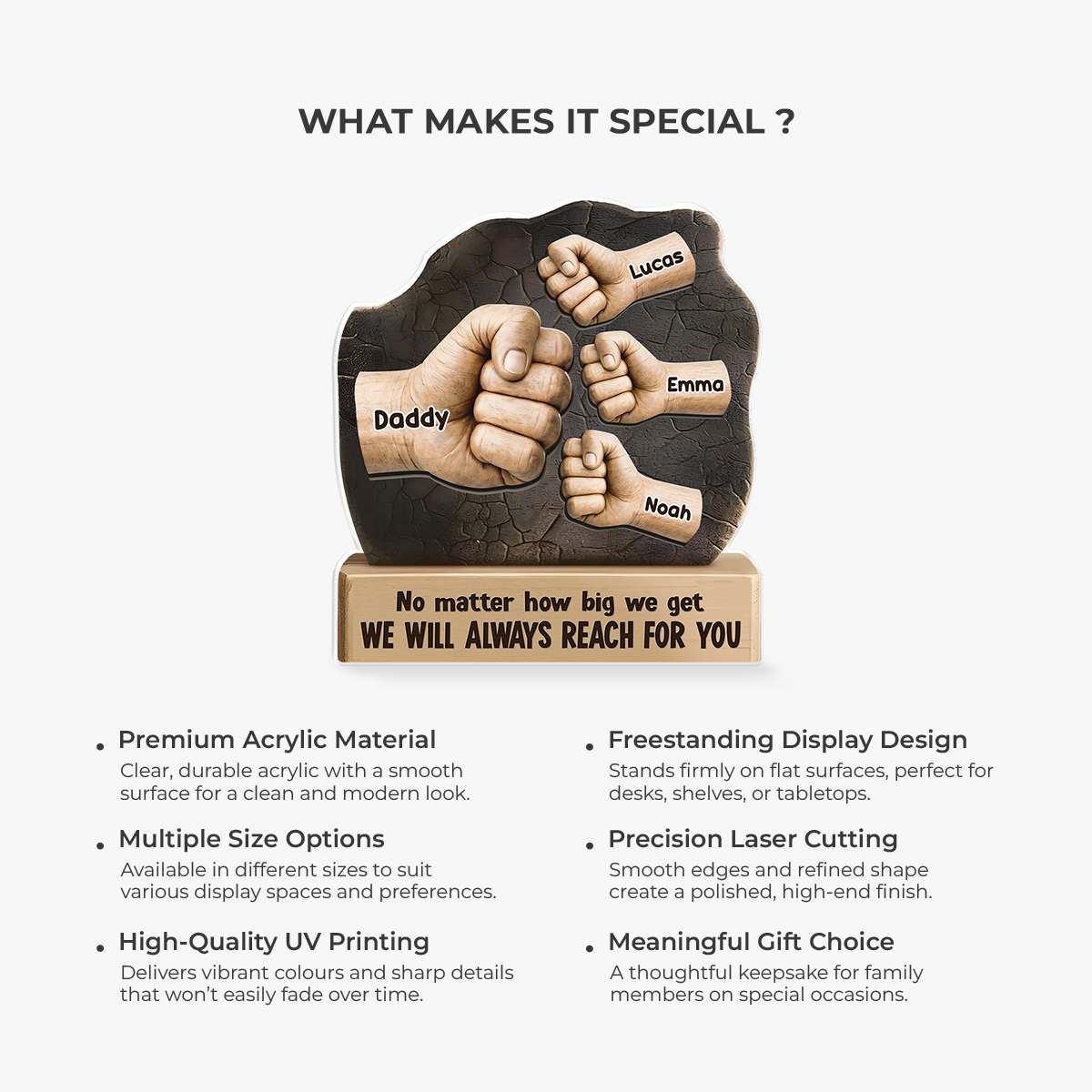 Plaque material and size view - Personalized Fist Bump Acrylic Plaque