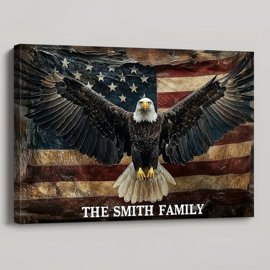Custom Patriotic Family Name Canvas - Majestic Bald Eagle & American Flag Wall Art - Personalized Rustic Home Decor