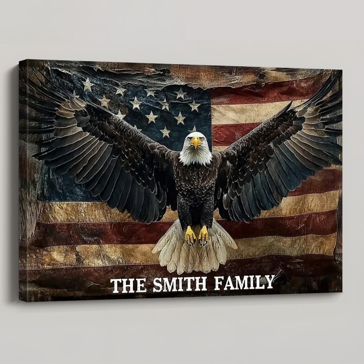 Custom Patriotic Family Name Canvas - Majestic Bald Eagle & American Flag Wall Art - Personalized Rustic Home Decor