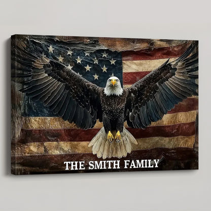 Custom Patriotic Family Name Canvas - Majestic Bald Eagle & American Flag Wall Art - Personalized Rustic Home Decor