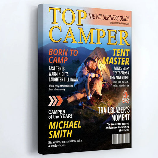 Custom Camping Magazine Cover Wall Art - Personalized Outdoor Adventure Photo Canvas / Poster for Campers and Hikers
