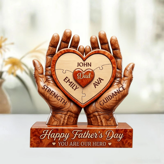 You Are Our Hero Personalized Hands Holding Puzzle Heart Acrylic Plaque - Custom Father's Day Gift for Dad