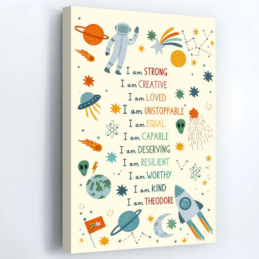 "I Am Strong" Space Affirmations Poster / Canvas - Personalized Astronaut & Planets Wall Art for Kids