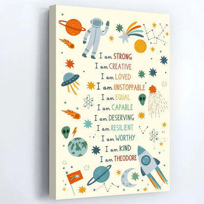 "I Am Strong" Space Affirmations Poster / Canvas - Personalized Astronaut & Planets Wall Art for Kids