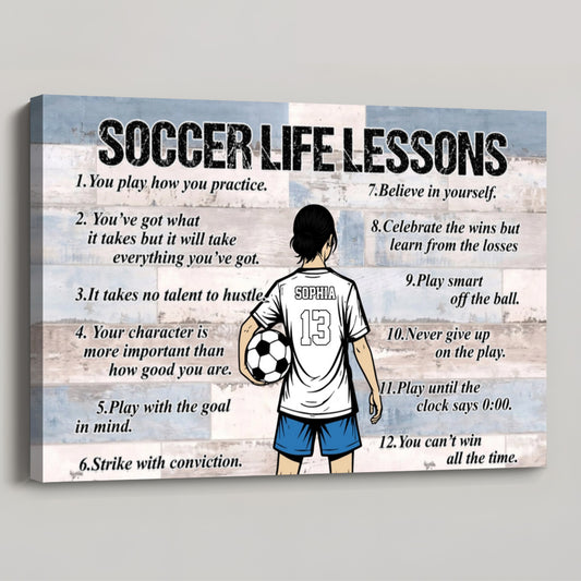 Personalized Soccer Life Lessons Canvas - Custom Name, Number & Colors - Motivational Sports Decor for Players & Fans
