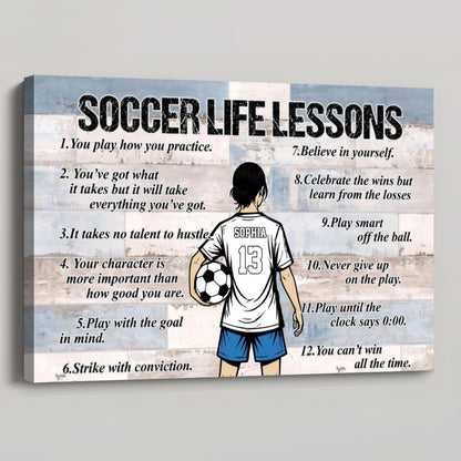 Personalized Soccer Life Lessons Canvas - Custom Name, Number & Colors - Motivational Sports Decor for Players & Fans