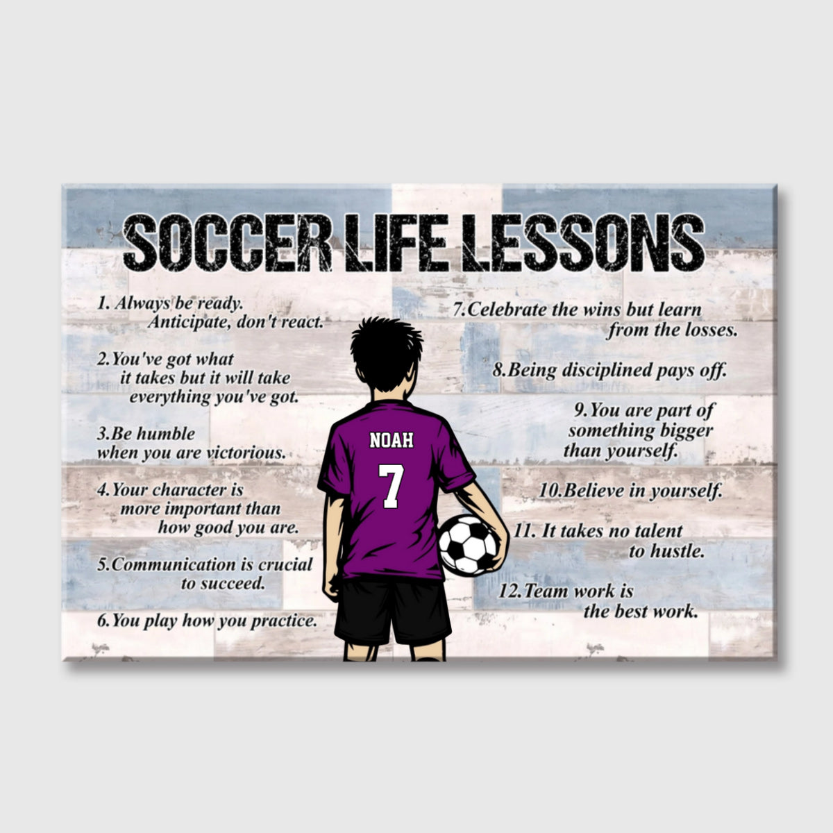 Personalized Soccer Life Lessons Canvas - Custom Name, Number & Colors - Motivational Sports Decor for Players & Fans