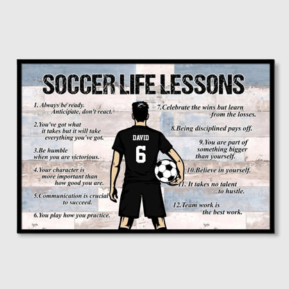 Personalized Soccer Life Lessons Canvas - Custom Name, Number & Colors - Motivational Sports Decor for Players & Fans