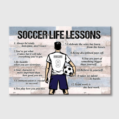 Personalized Soccer Life Lessons Canvas - Custom Name, Number & Colors - Motivational Sports Decor for Players & Fans