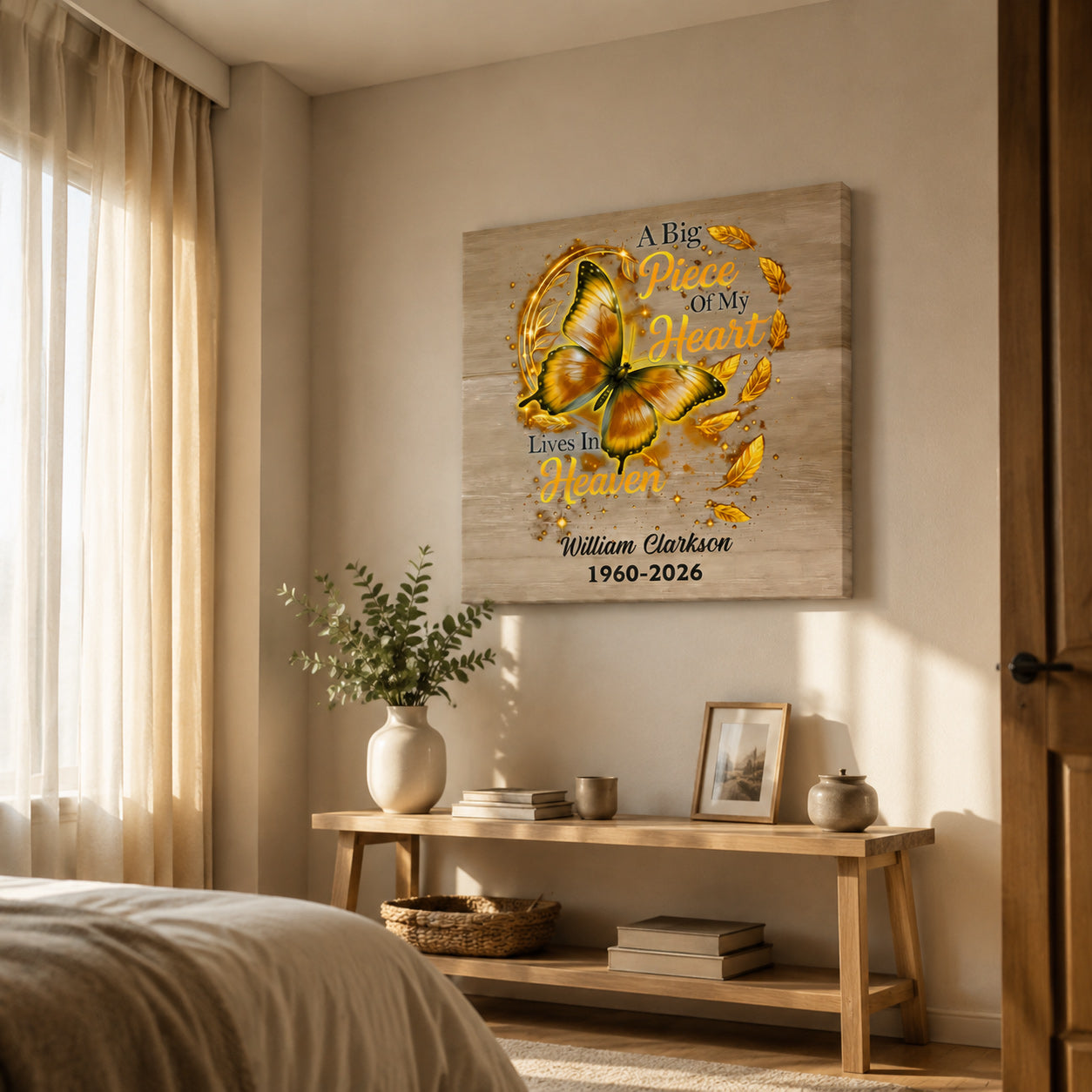 A Big Piece Of My Heart Lives In Heaven - Personalized Butterfly Memorial Square Canvas
