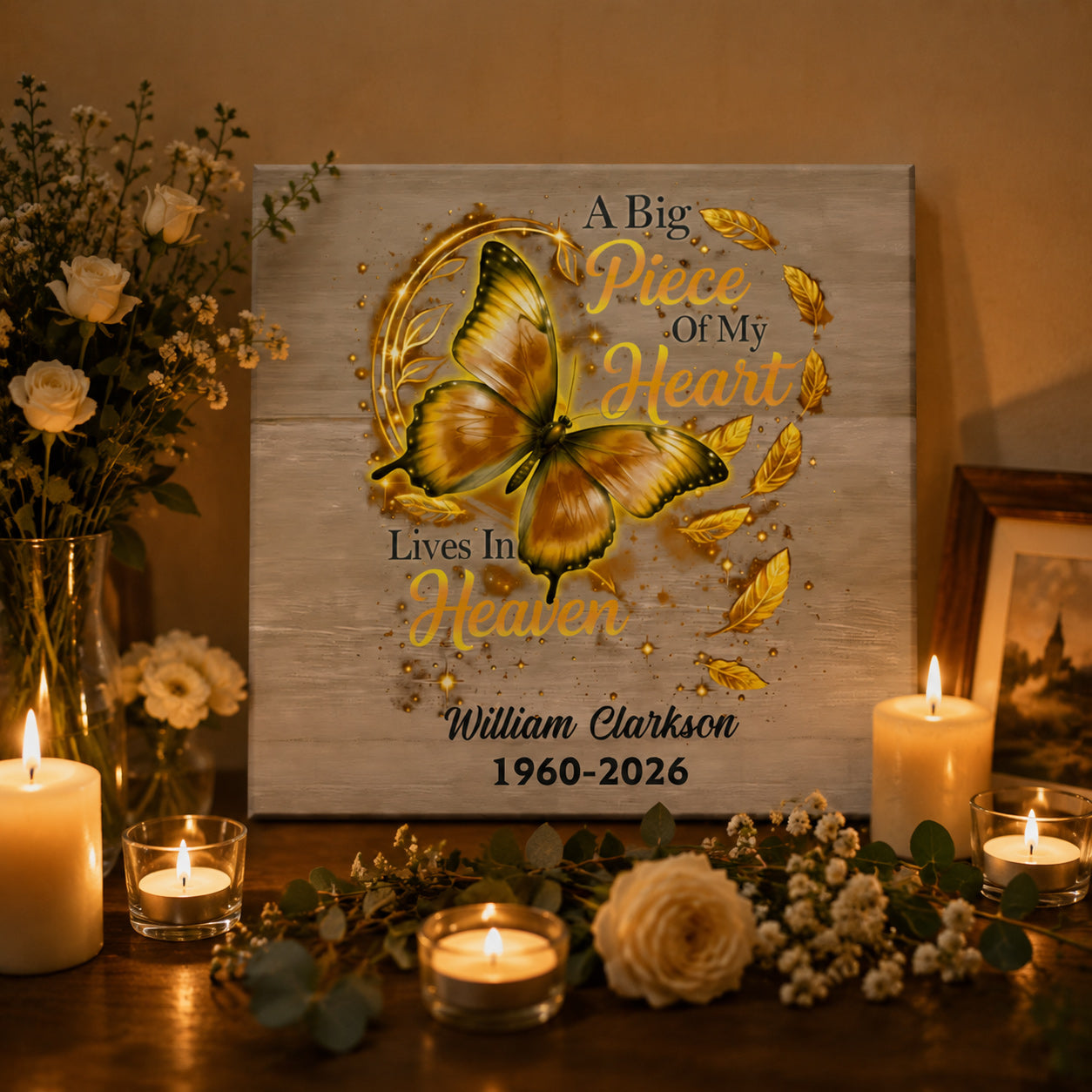 A Big Piece Of My Heart Lives In Heaven - Personalized Butterfly Memorial Square Canvas