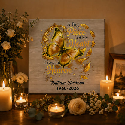A Big Piece Of My Heart Lives In Heaven - Personalized Butterfly Memorial Square Canvas