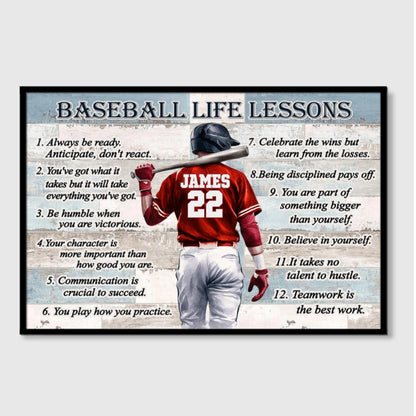 Personalized Baseball Life Lessons Canvas/Poster - Custom Gift for Baseball Lover - Custom Name & Number Color Included