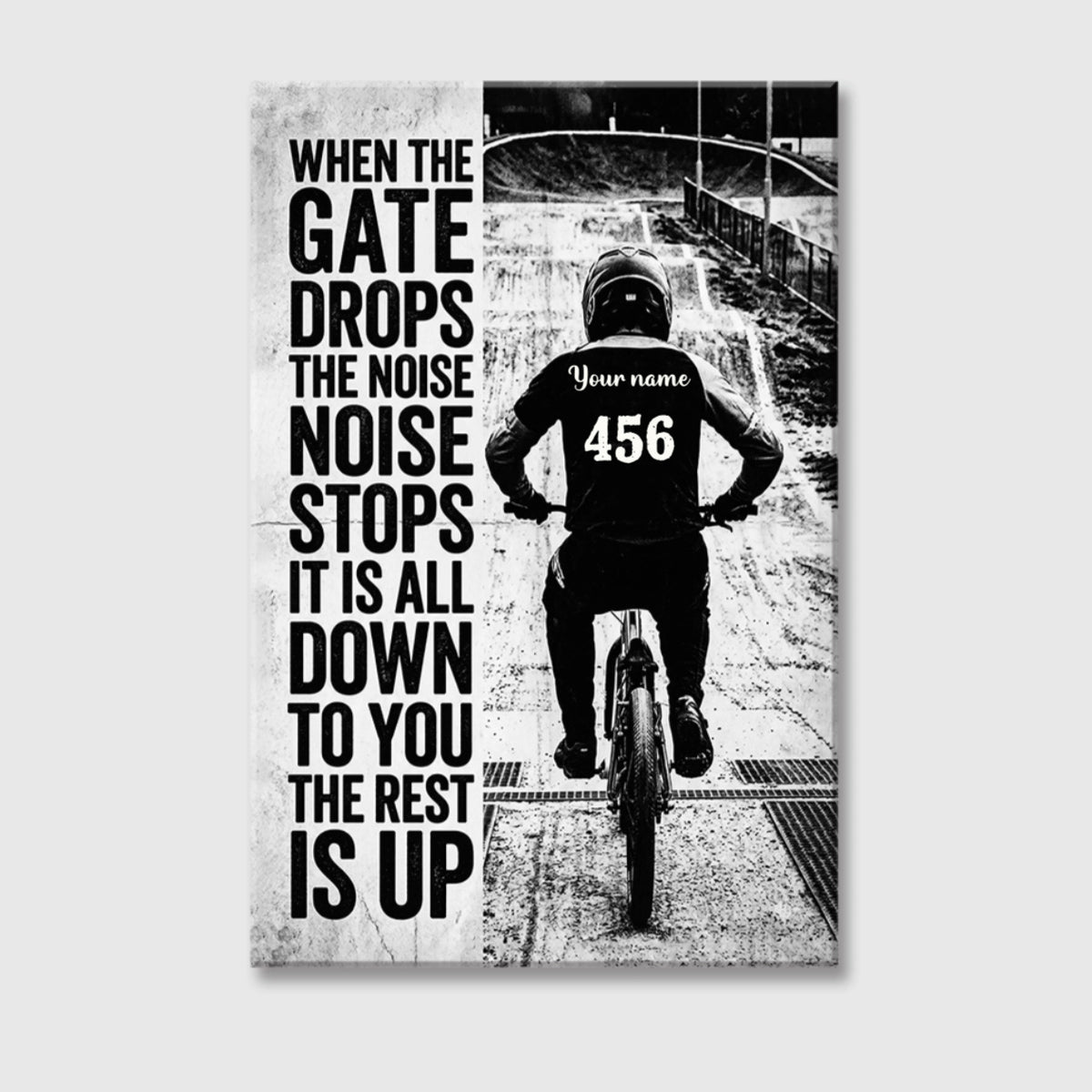 Motivational BMX Racing Canvas / Poster - "The Dirt Will Rise and Fall, The Race is Won When You Lean In" - Customizable Name & Number Wall Art for Cycling Enthusiasts