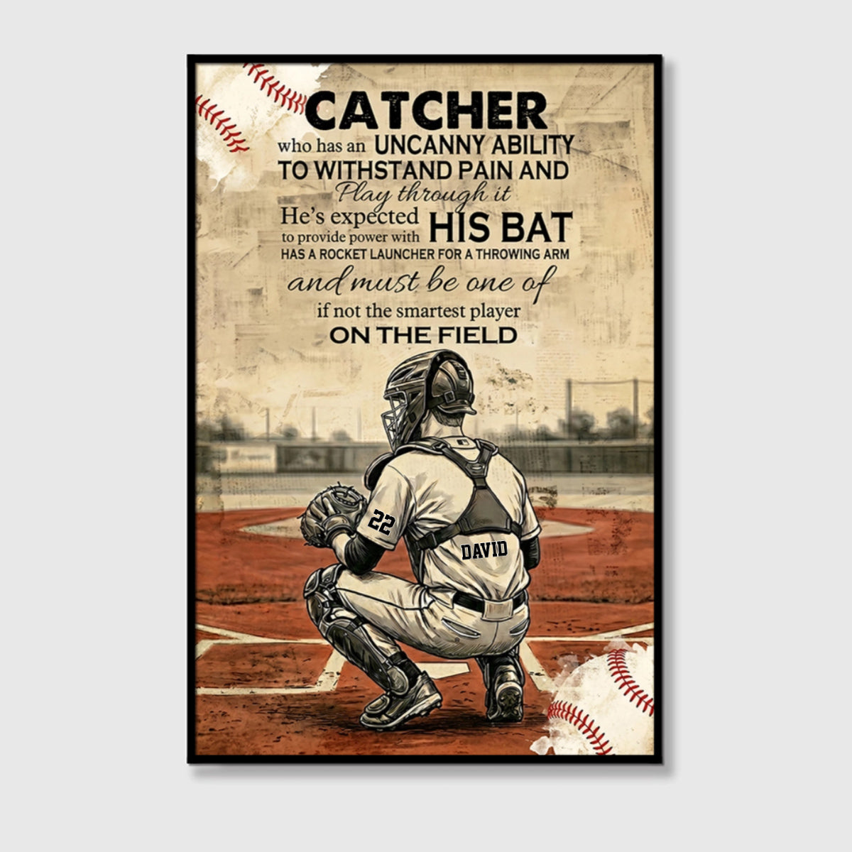 Personalized Baseball & Softball Catcher Vintage Style Canvas / Poster - Gift for Players and Fans