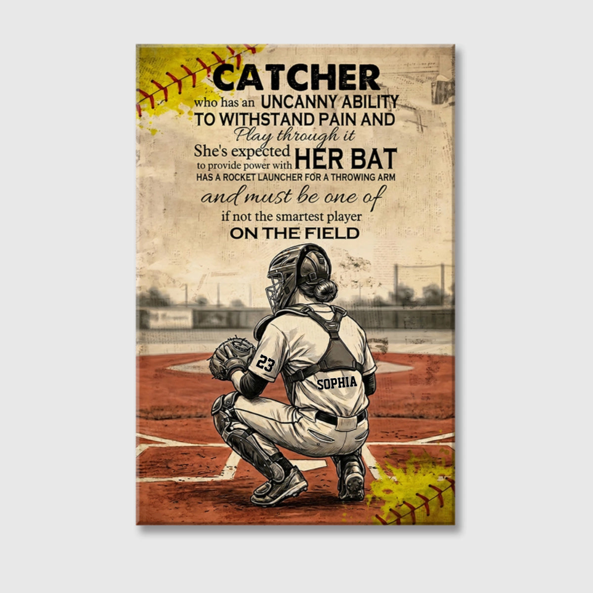 Personalized Baseball & Softball Catcher Vintage Style Canvas / Poster - Gift for Players and Fans