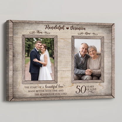 Personalized 50th anniversary then and now photo canvas wall art with custom names and pictures